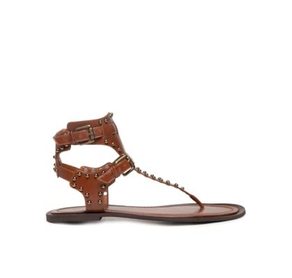 Sandália Feminina Rasteira Com Tachas - Marrom