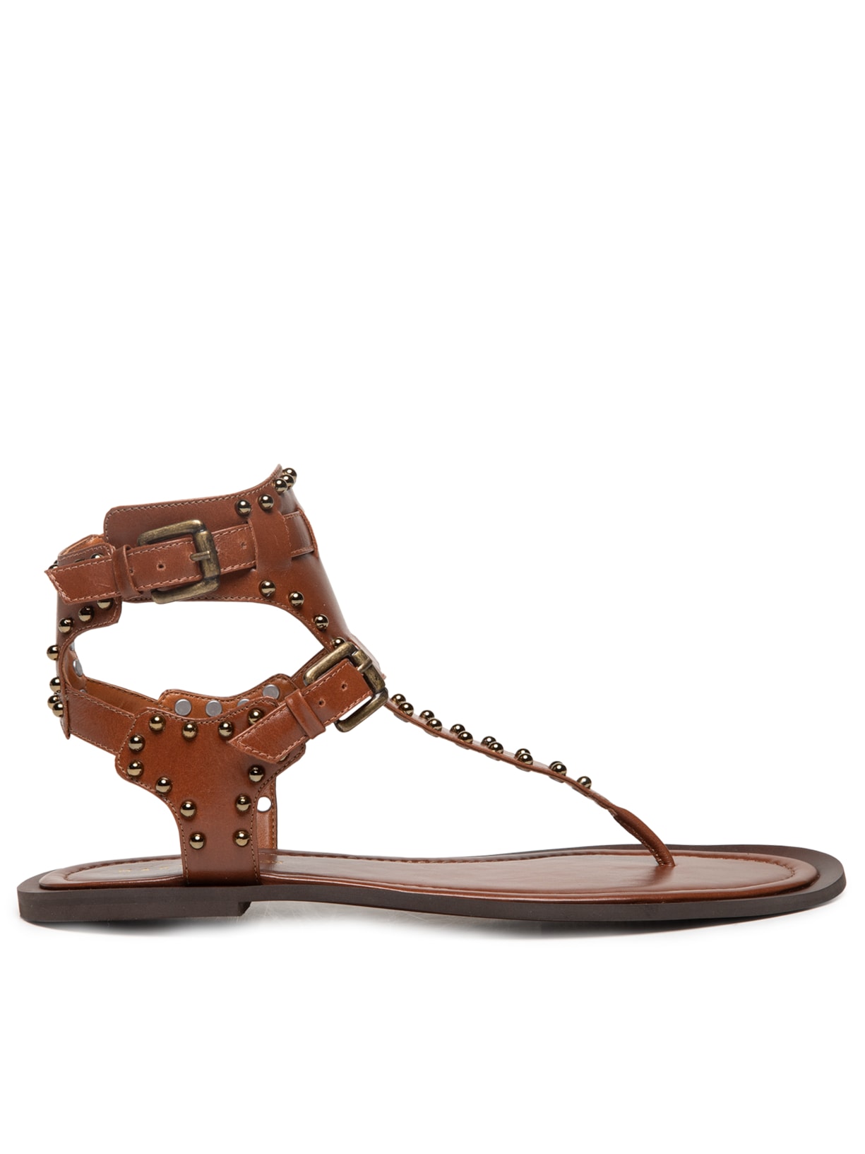 Sandália Feminina Rasteira Com Tachas - Marrom