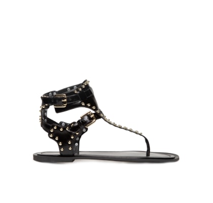 Sandália Feminina Rasteira Com Tachas - Preto