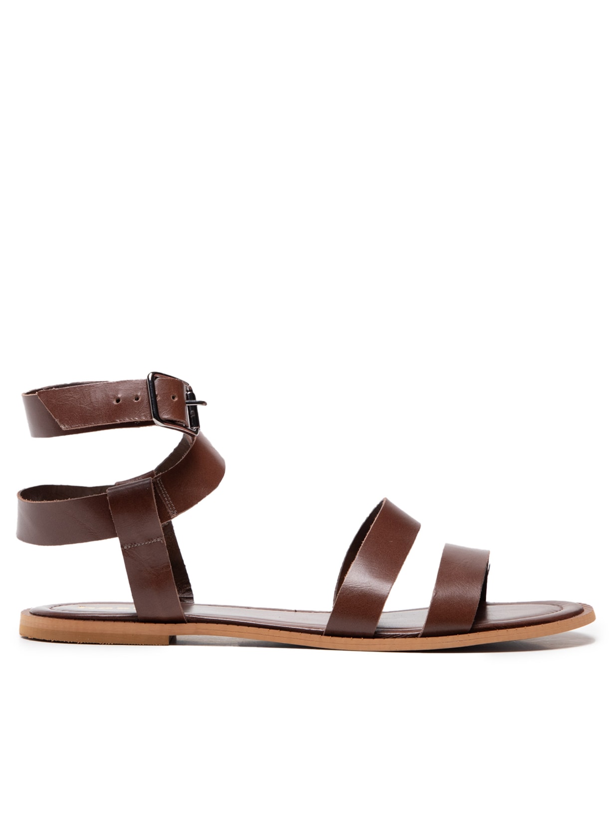 Sandália Feminina Rasteira Couro Com Tiras Largas - Marrom