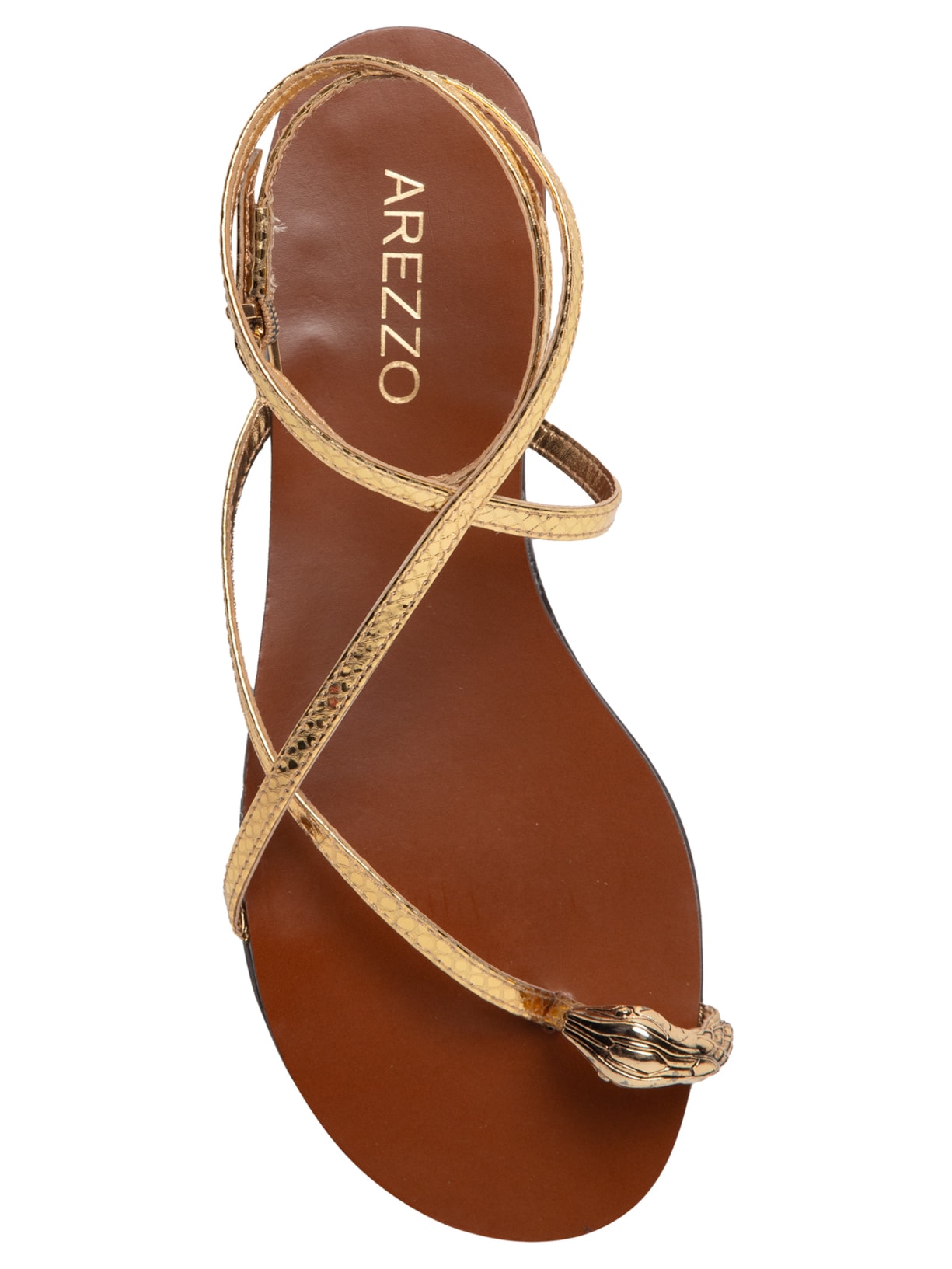 Sandália Feminina Rasteira Couro Dedeira Metal Snake Dourado Arezzo