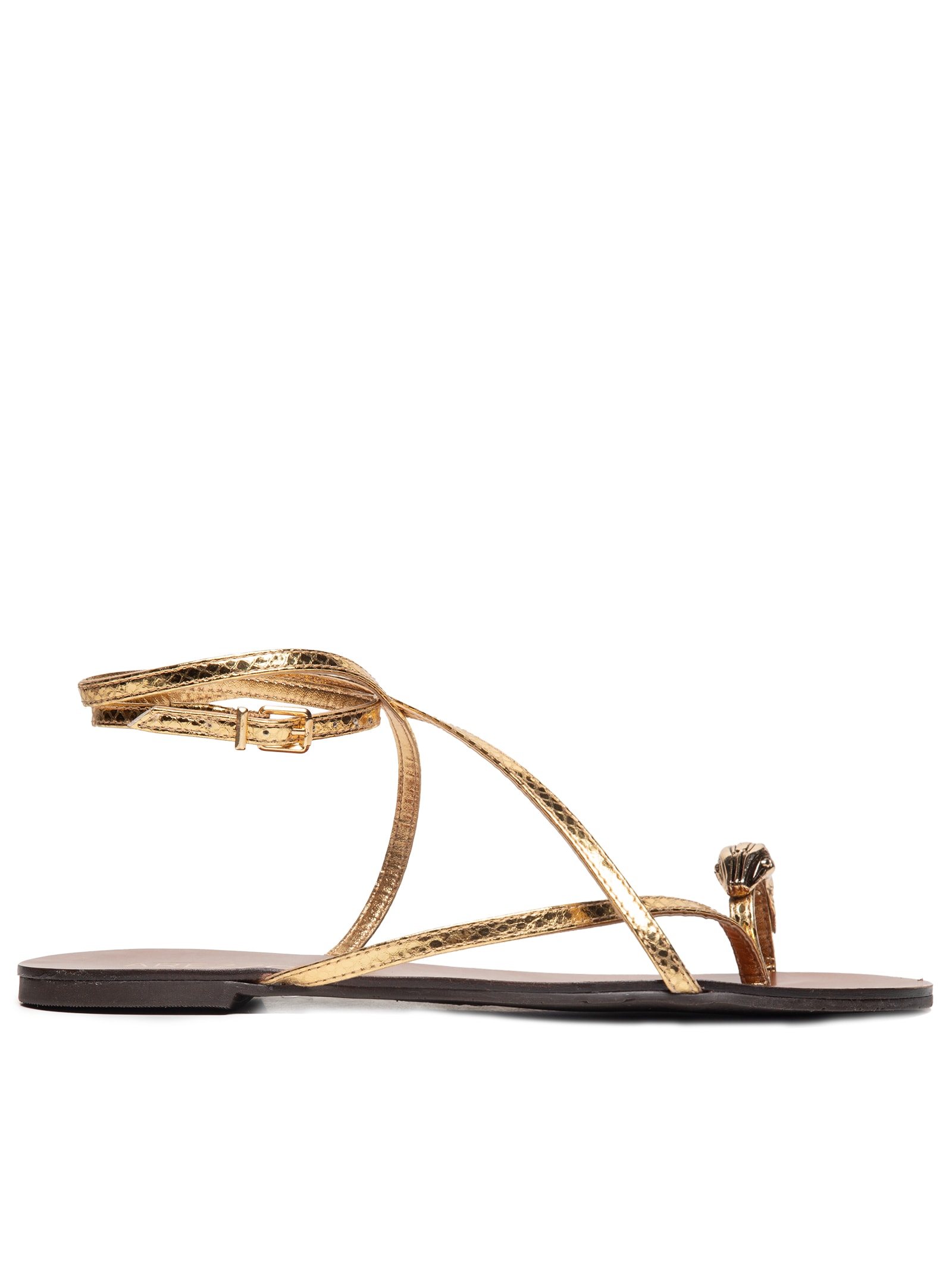 Sandália Feminina Rasteira Couro Dedeira Metal Snake - Dourado