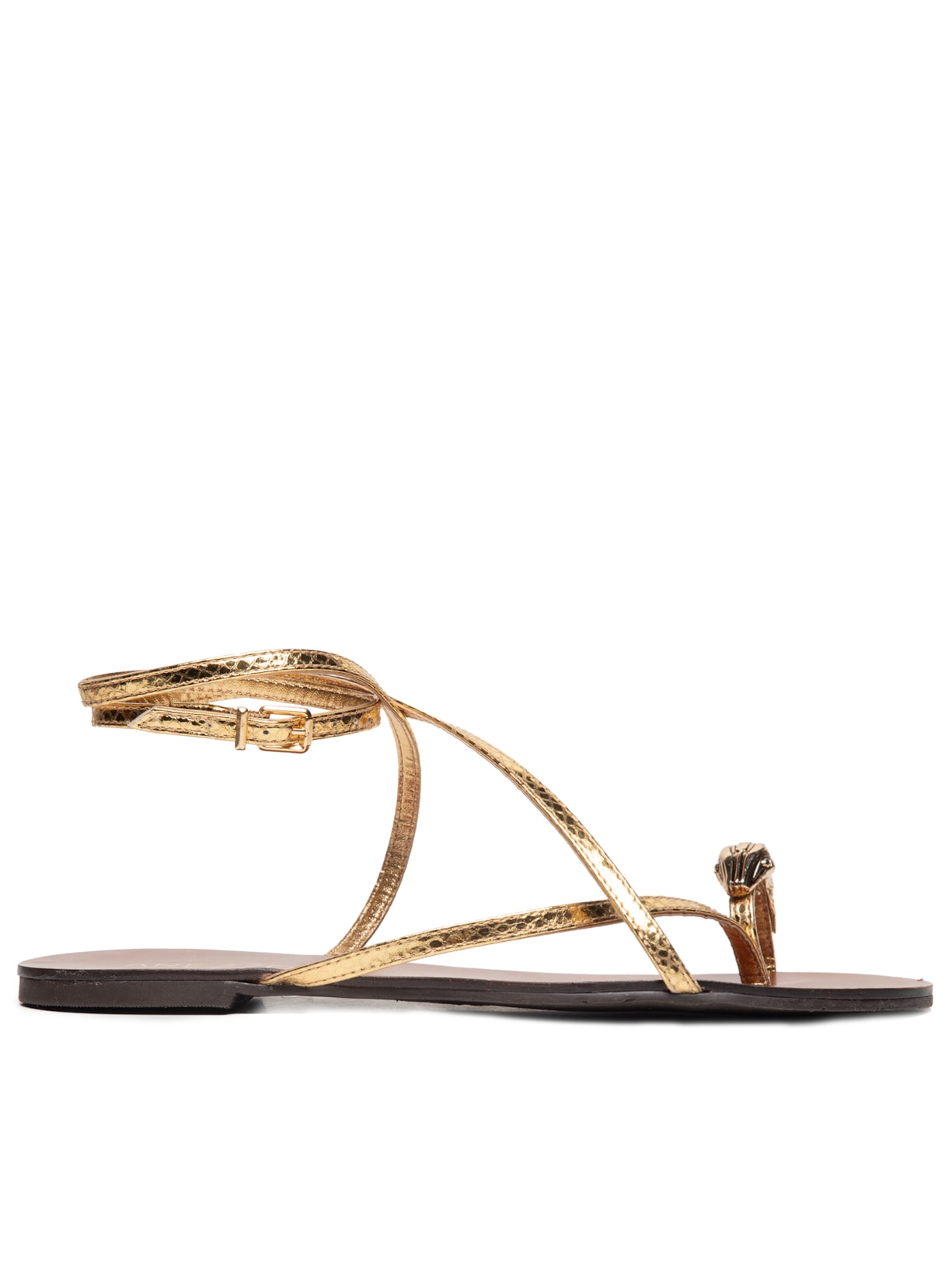 Sandália Feminina Rasteira Couro Dedeira Metal Snake - Dourado