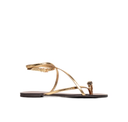 Sandália Feminina Rasteira Couro Dedeira Metal Snake - Dourado