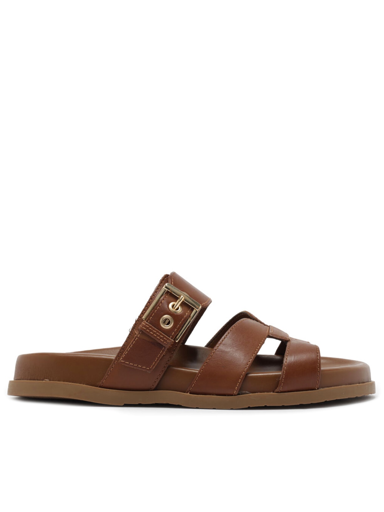 Sandália Feminina Rasteira Couro Fivela - Marrom