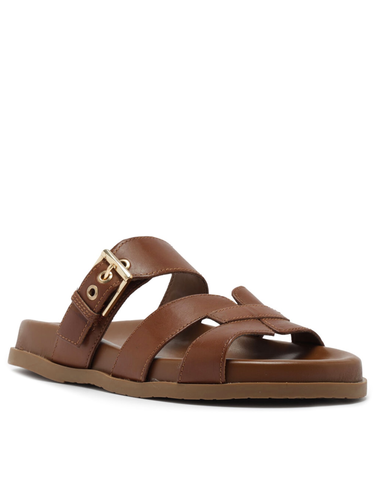 Sandália Feminina Rasteira Couro Fivela Marrom Arezzo