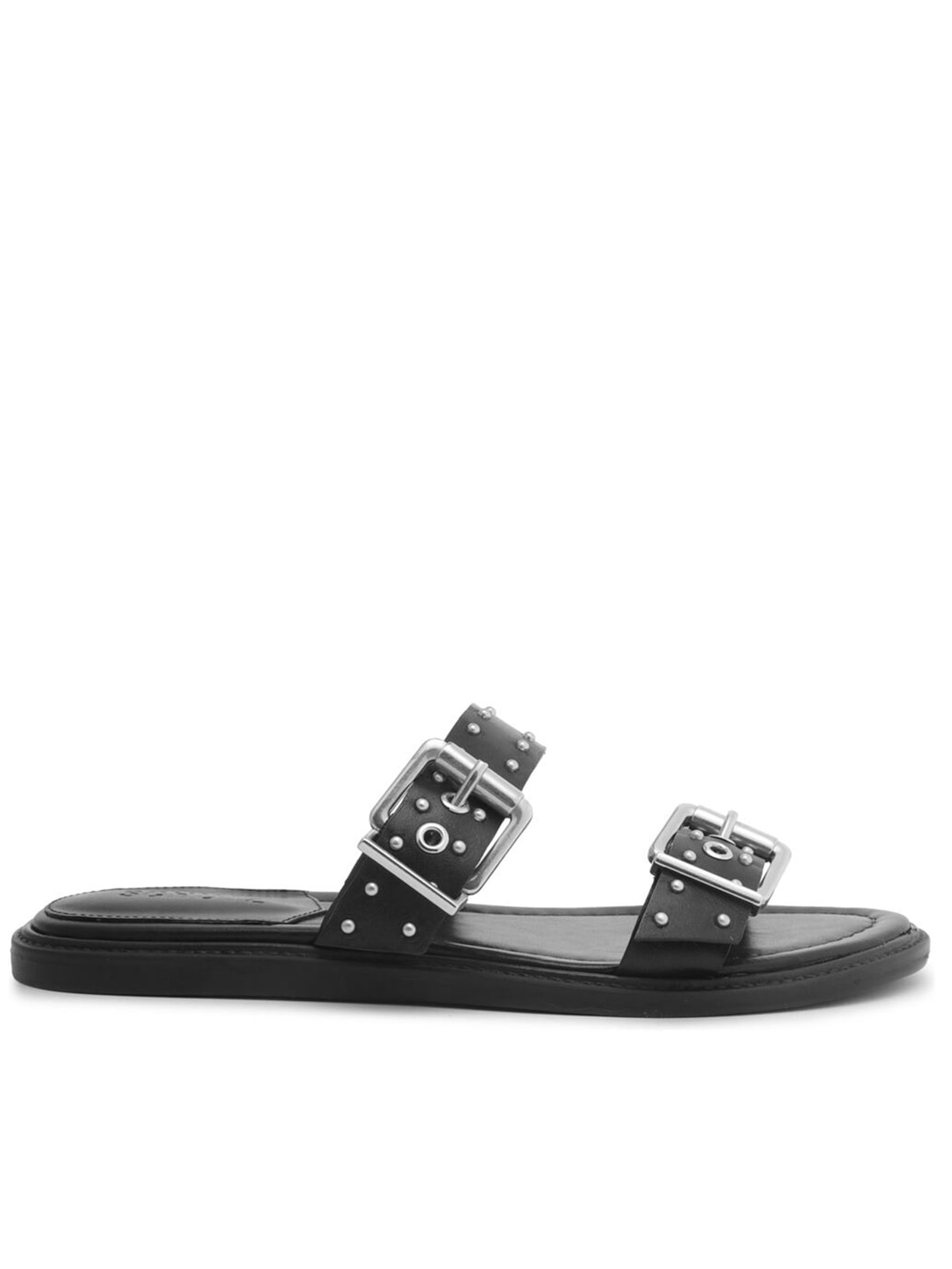 Sandália Feminina Rasteira Couro Fivelas - Preto