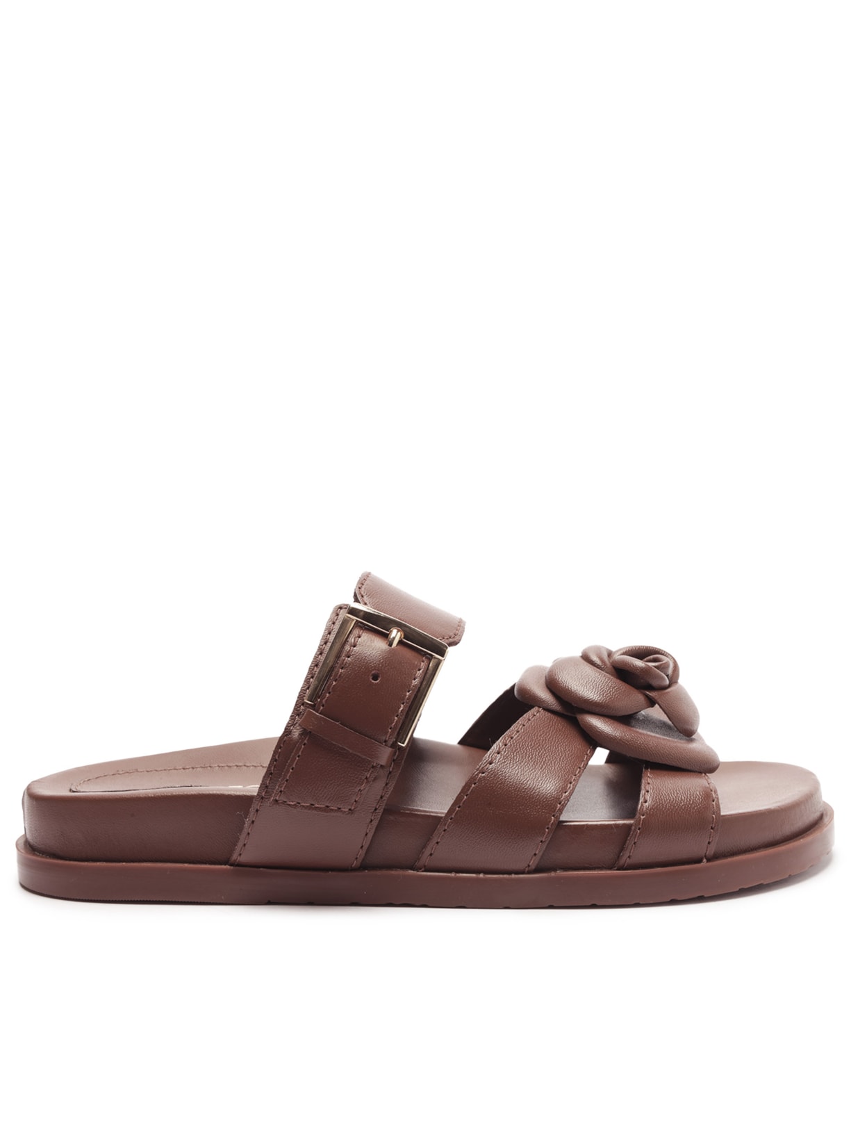 Sandália Feminina Rasteira Couro Flor Fivela - Marrom