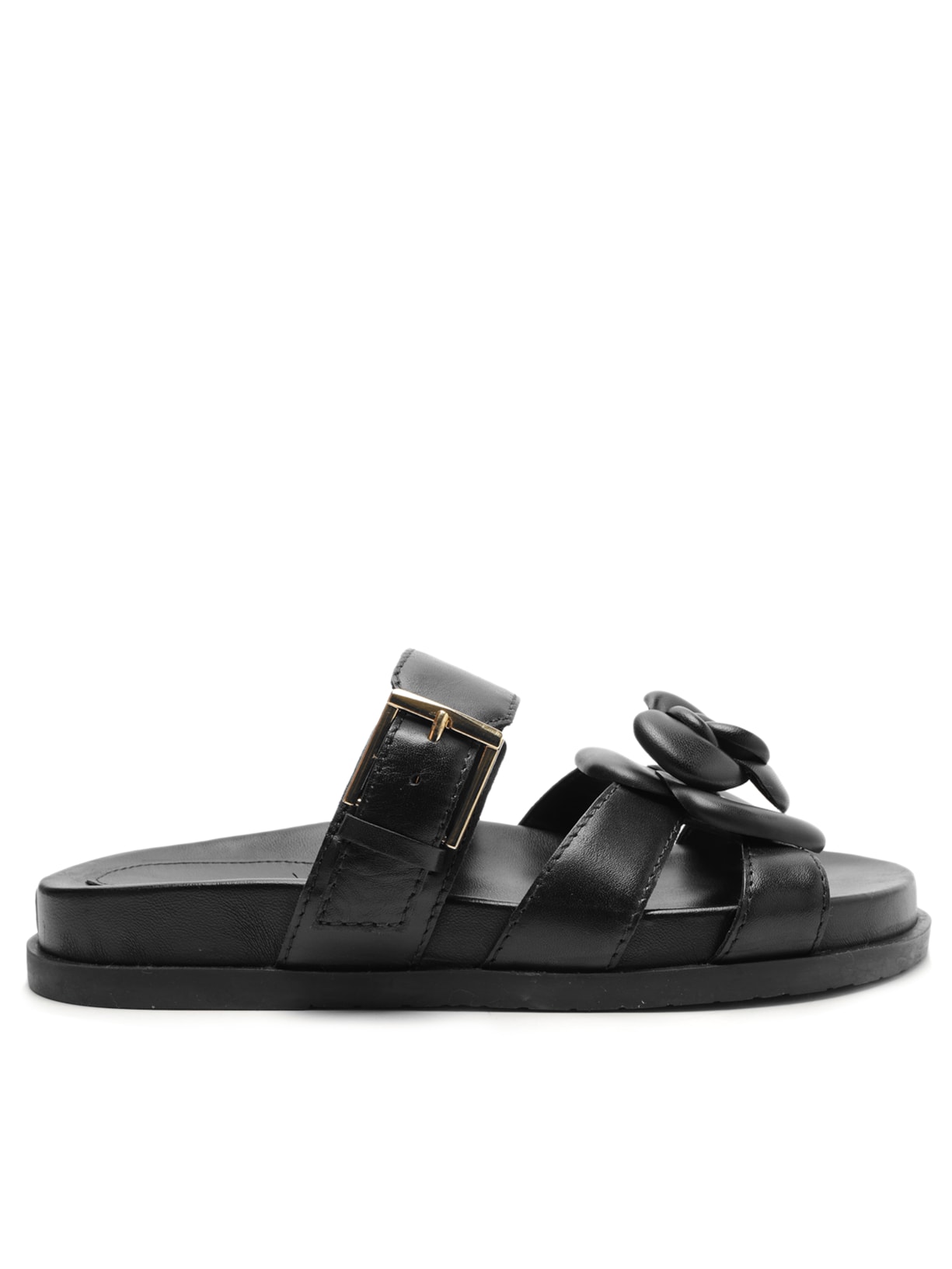 Sandália Feminina Rasteira Couro Flor Fivela - Preto