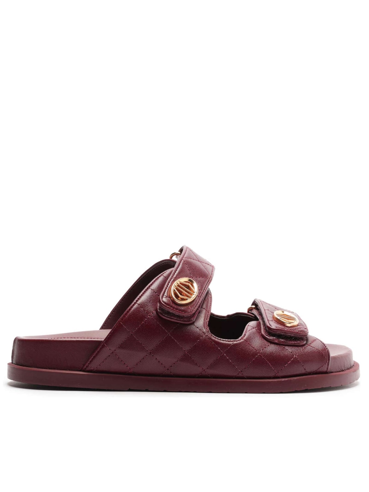 Sandália Feminina Rasteira Couro Matelassê Velcro - Vinho