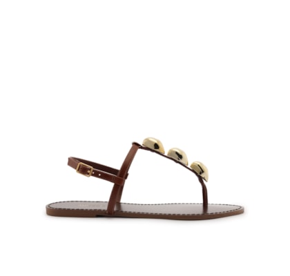 Sandália Feminina Rasteira Couro Slim Metais - Marrom