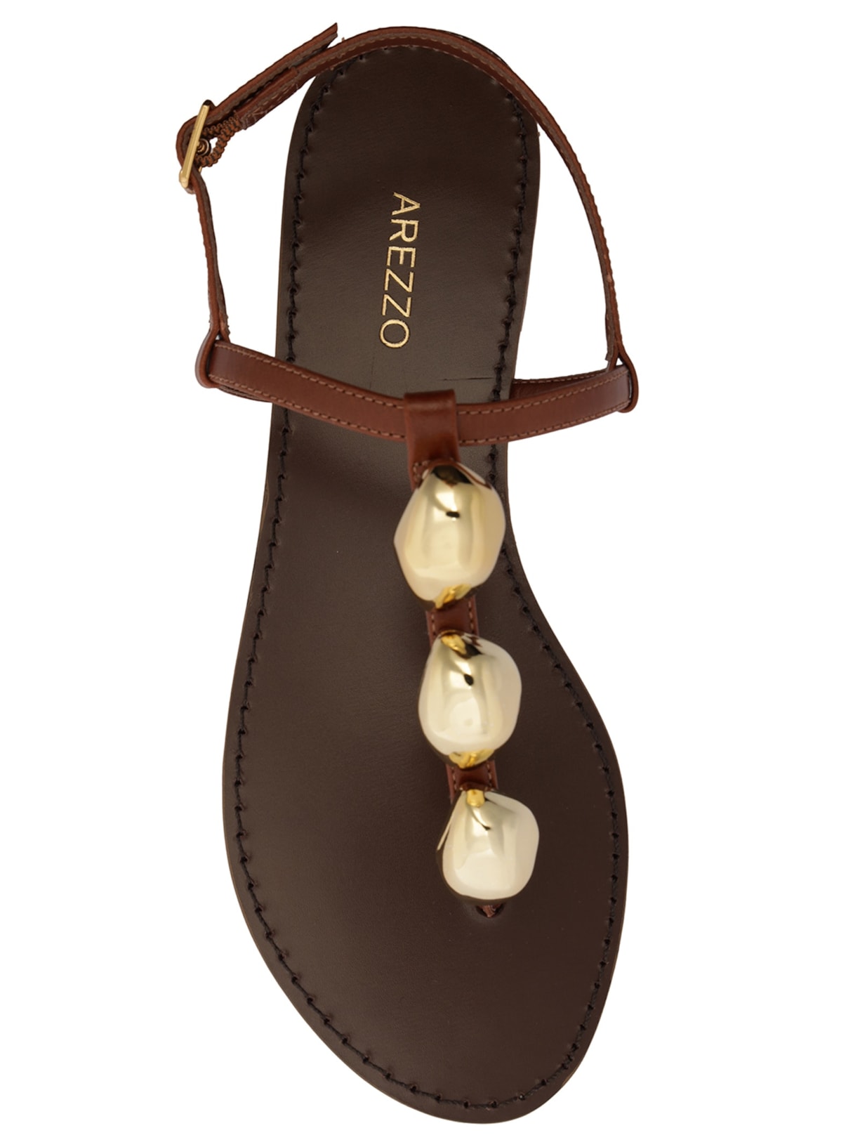 Sandália Feminina Rasteira Couro Slim Metais Marrom Arezzo