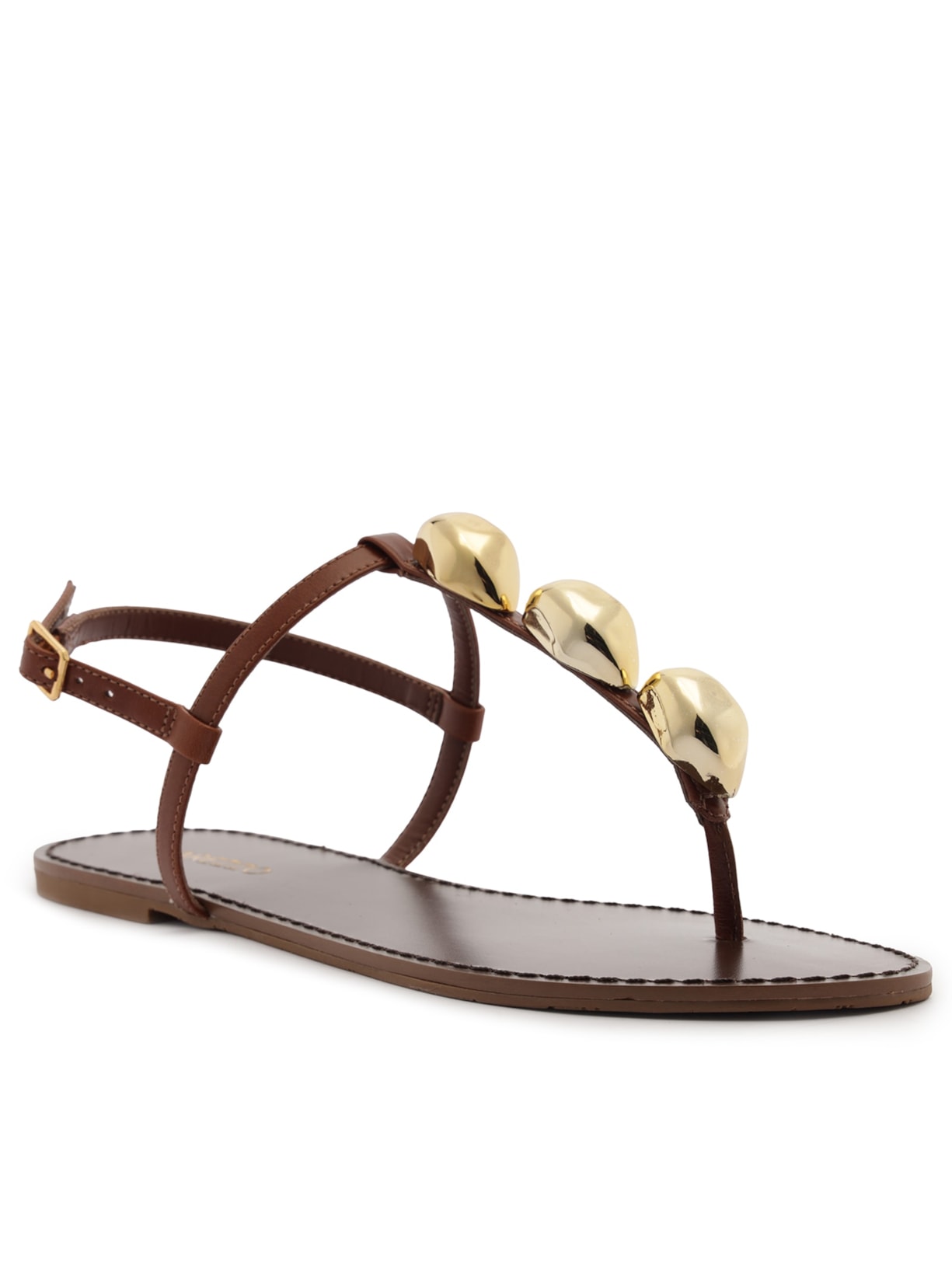 Sandália Feminina Rasteira Couro Slim Metais Marrom Arezzo