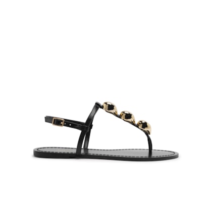 Sandália Feminina Rasteira Couro Slim Metais - Preto