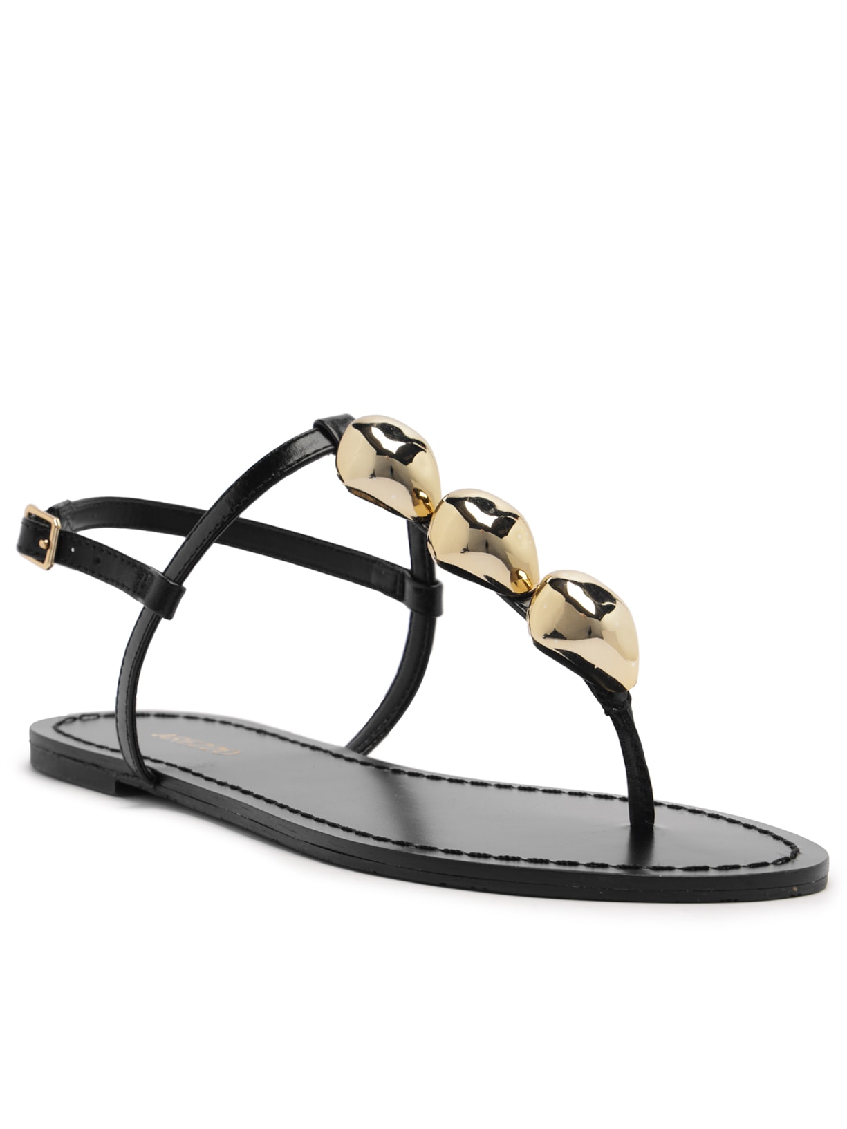 Sandália Feminina Rasteira Couro Slim Metais Preto Arezzo