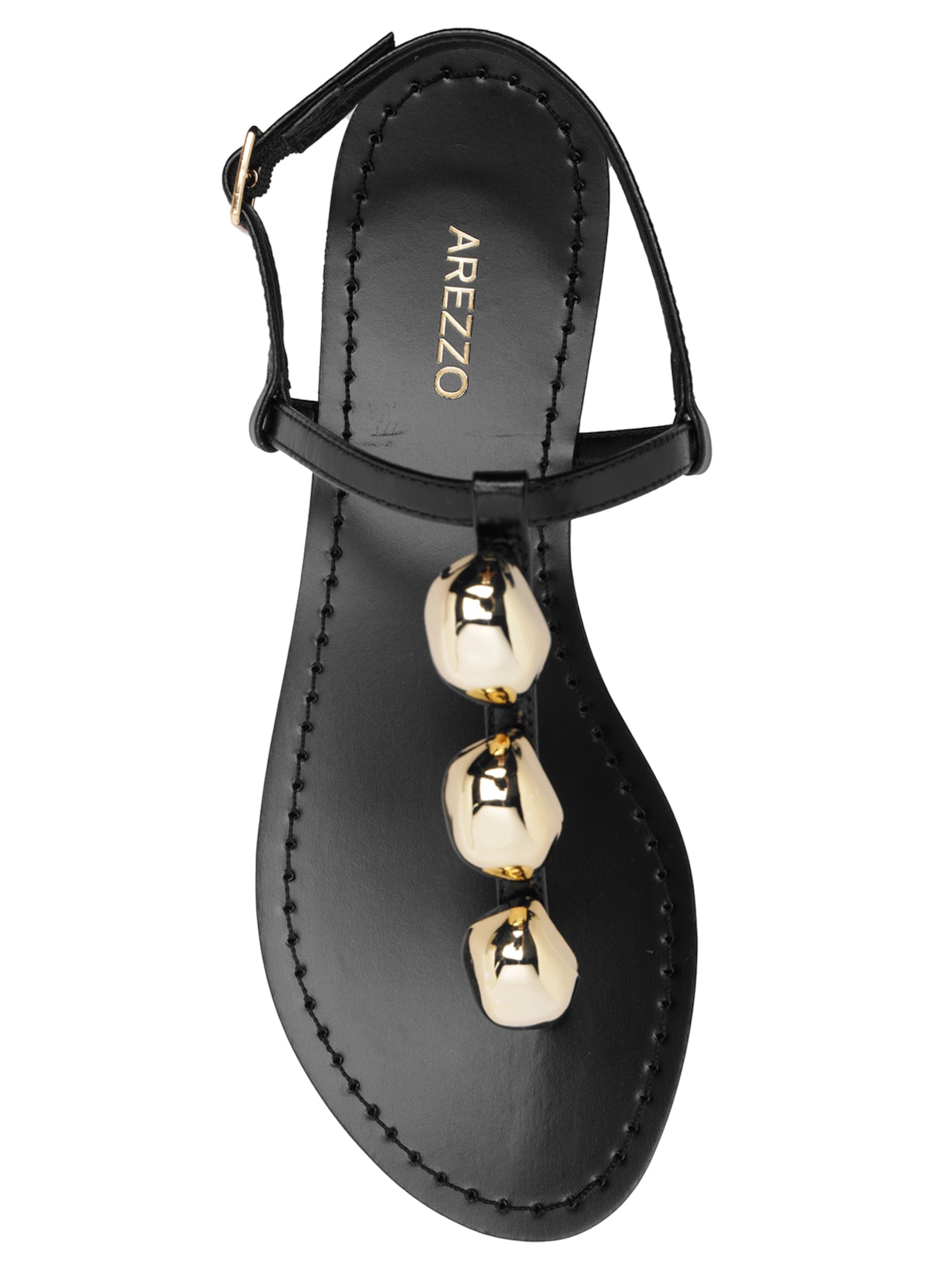 Sandália Feminina Rasteira Couro Slim Metais Preto Arezzo