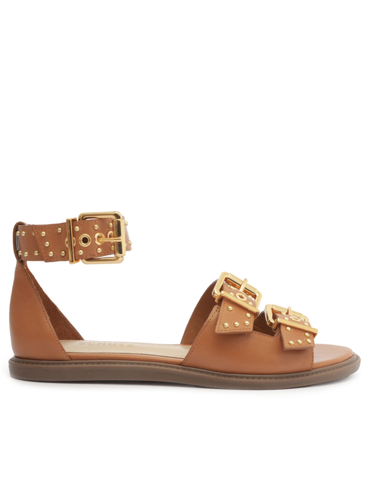 Sandália Feminina Rasteira Couro Tachas - Marrom