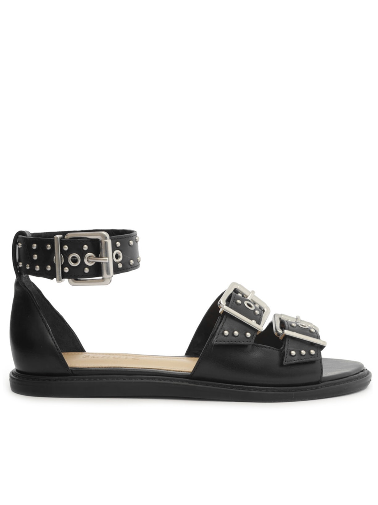 Sandália Feminina Rasteira Couro Tachas - Preto