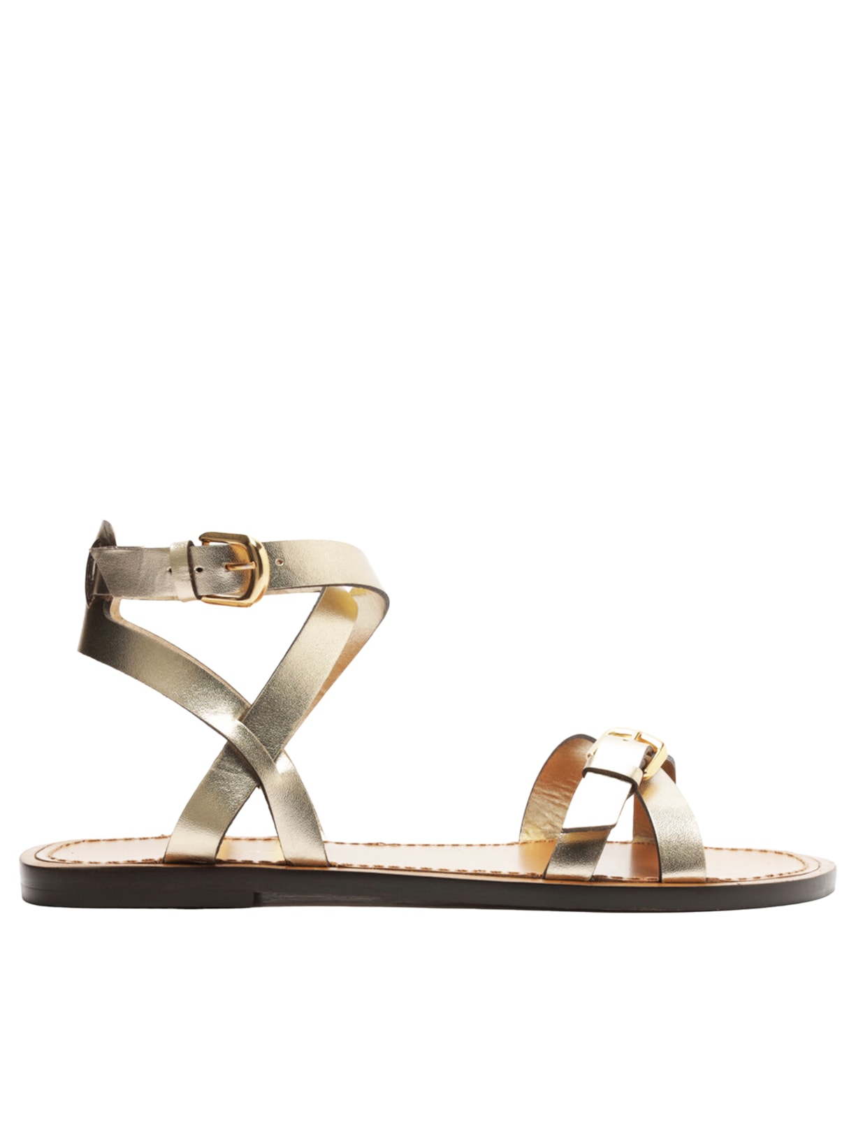 Sandália Feminina Rasteira Couro Tiras Fivelas - Dourado