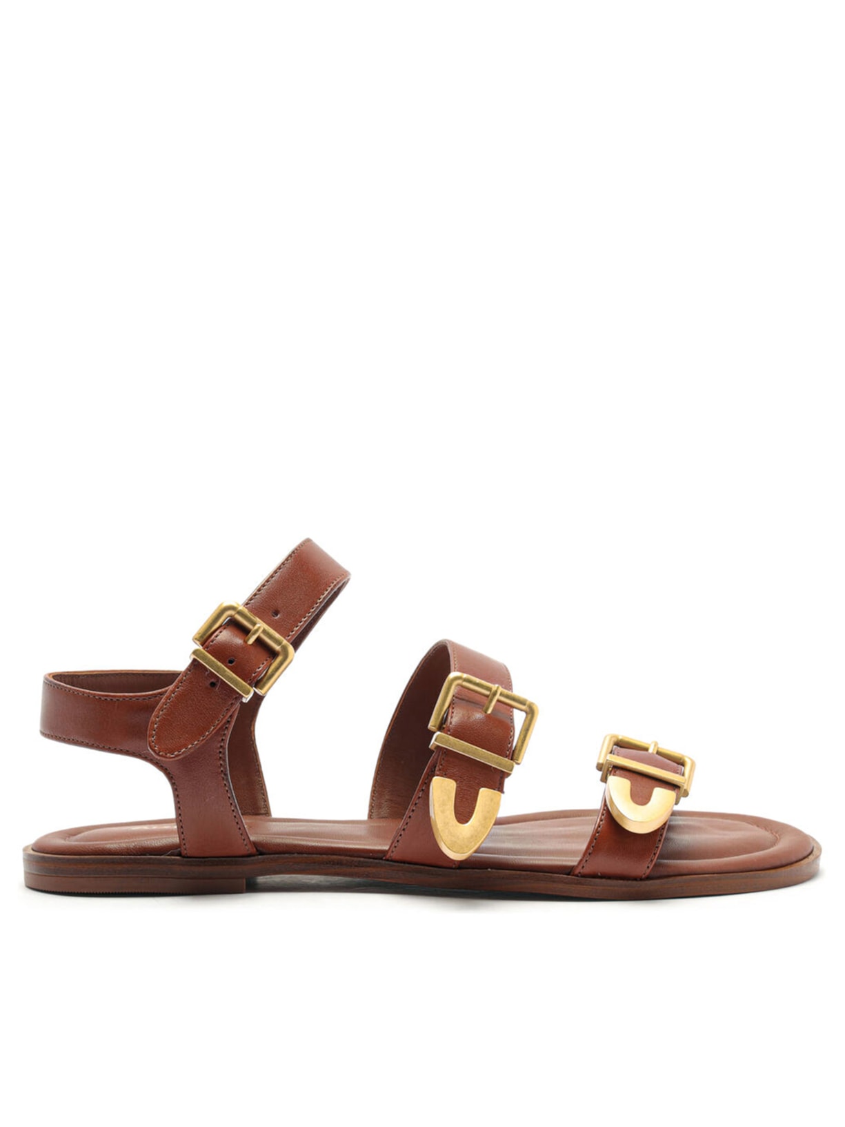 Sandália Feminina Rasteira Couro Tiras Fivelas - Marrom