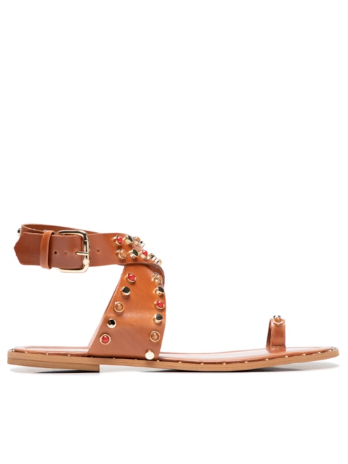 Sandália Feminina Rasteira De Dedo Em Couro Com Tachas E Pedras - Marrom