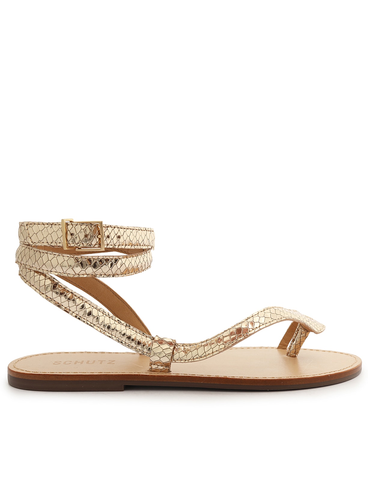 Sandália Feminina Rasteira de Tira Couro Snake - Dourado