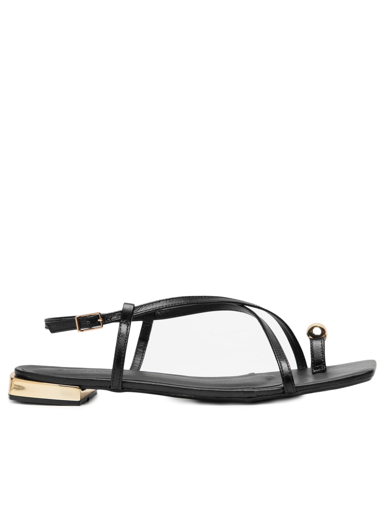 Sandália Feminina Rasteira Em Couro Com Detalhes - Preto