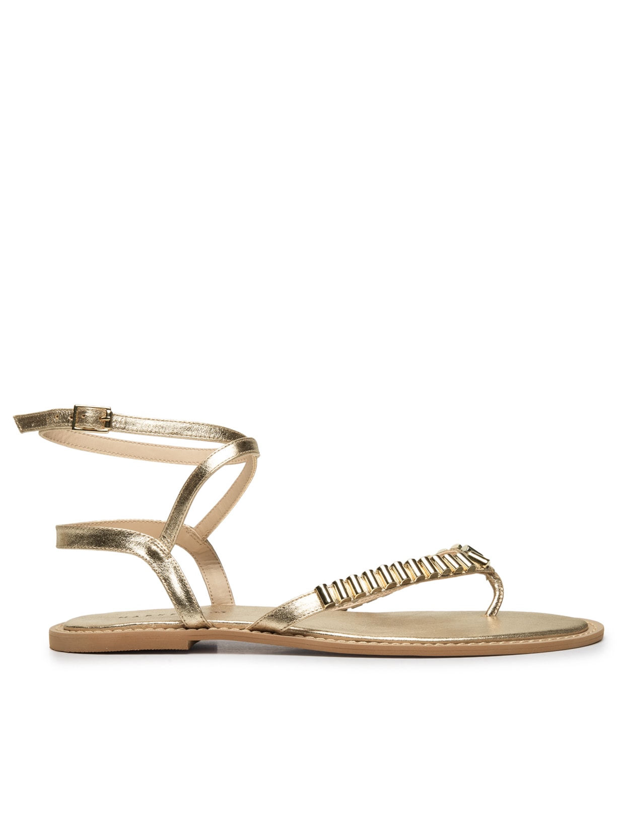 Sandália Feminina Rasteira Em Couro Com Tachas Dourado Market 33