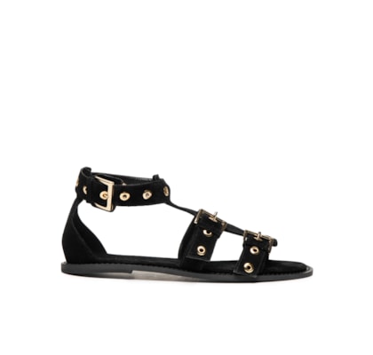 Sandália Feminina Rasteira Em Couro Com Tachas E Fivelas - Preto