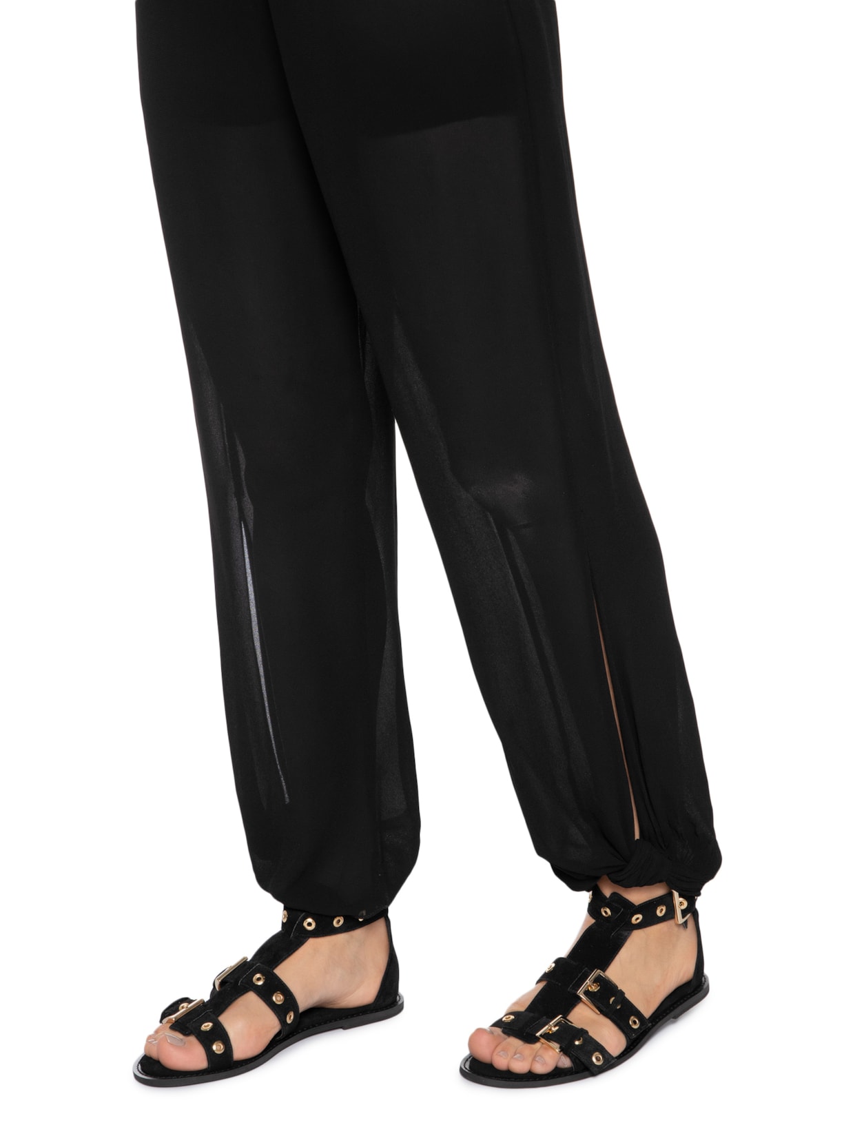 Sandália Feminina Rasteira Em Couro Com Tachas E Fivelas Preto Market 33