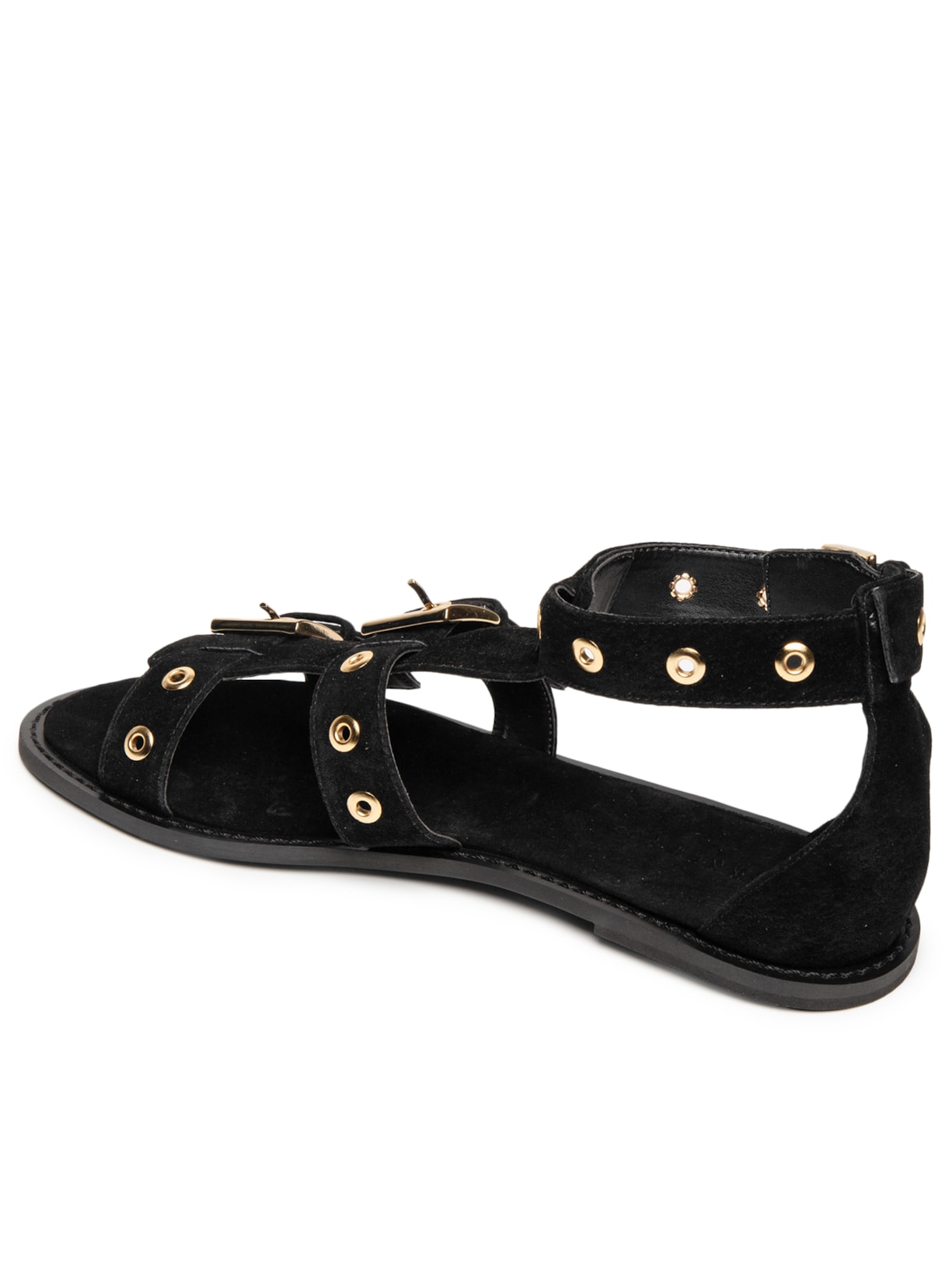 Sandália Feminina Rasteira Em Couro Com Tachas E Fivelas Preto Market 33