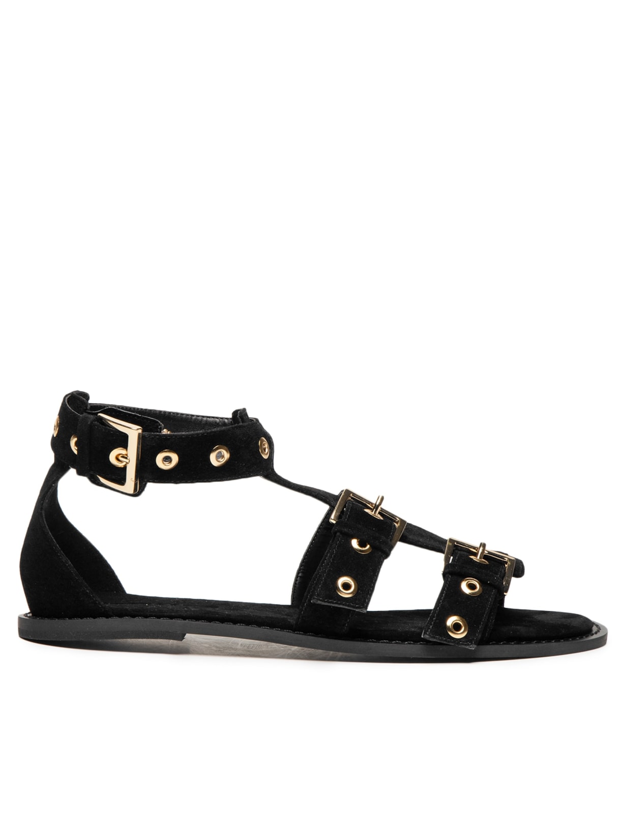 Sandália Feminina Rasteira Em Couro Com Tachas E Fivelas - Preto