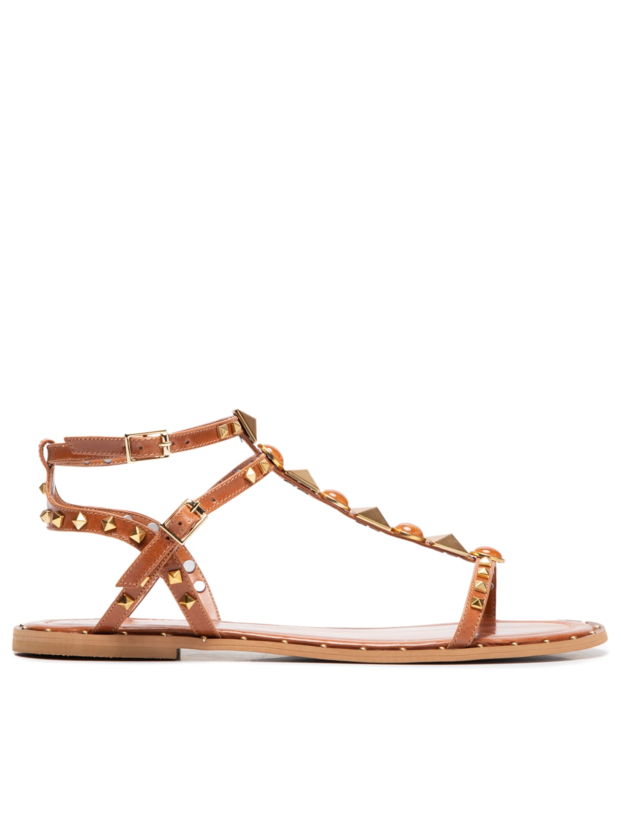 Sandália Feminina Rasteira Em Couro Com Tachas E Pedras - Marrom