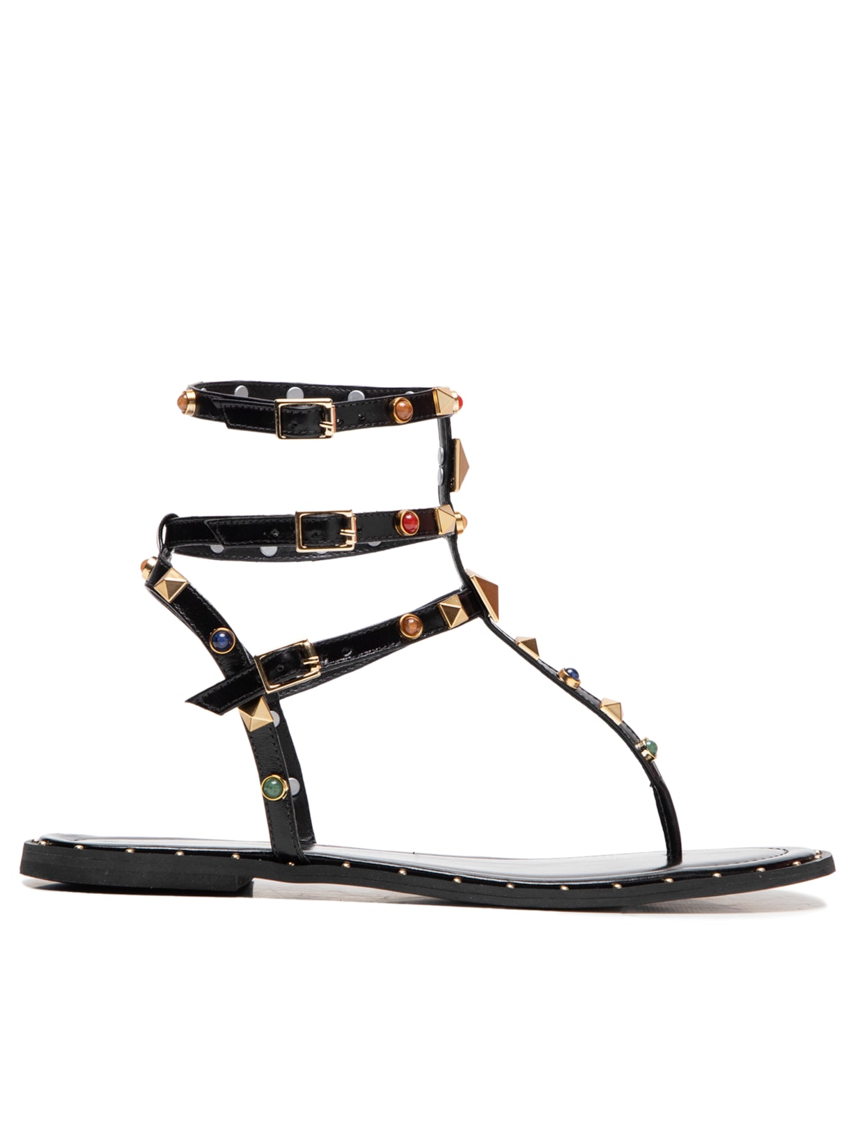 Sandália Feminina Rasteira Em Couro Com Tachas E Pedras - Preto