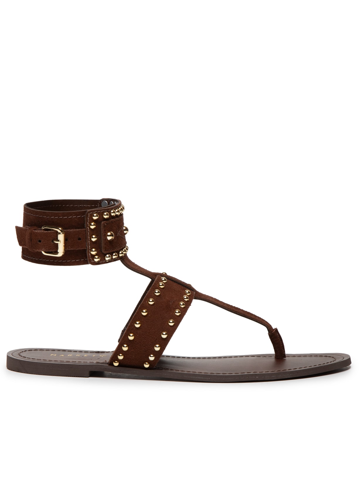 Sandália Feminina Rasteira Em Couro Com Tachas - Marrom