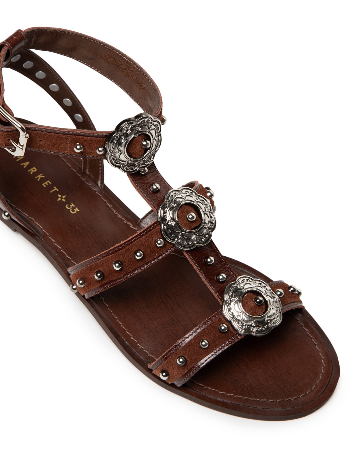 Sandália Feminina Rasteira Em Couro Com Tachas Marrom Market 33