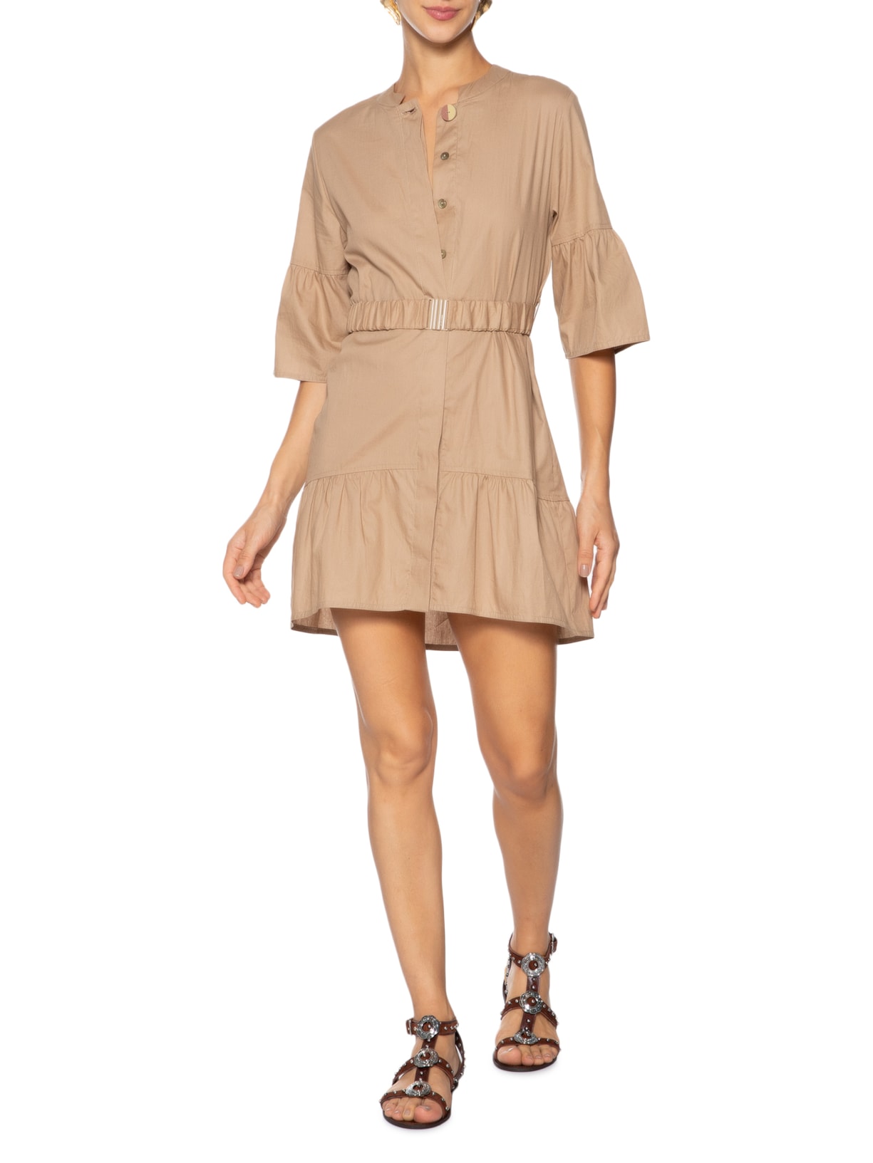 Sandália Feminina Rasteira Em Couro Com Tachas Marrom Market 33