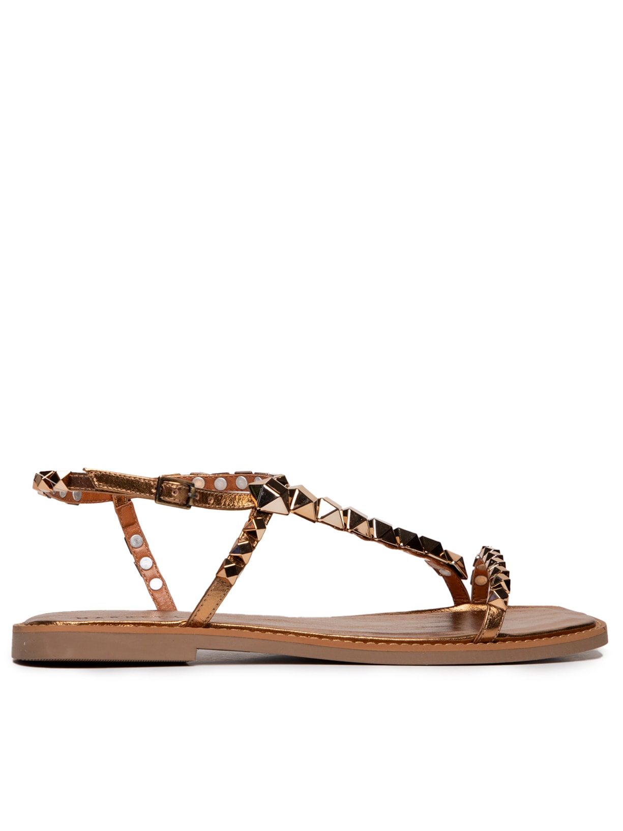 Sandália Feminina Rasteira Em Couro Com Tachas Metálicas - Dourado