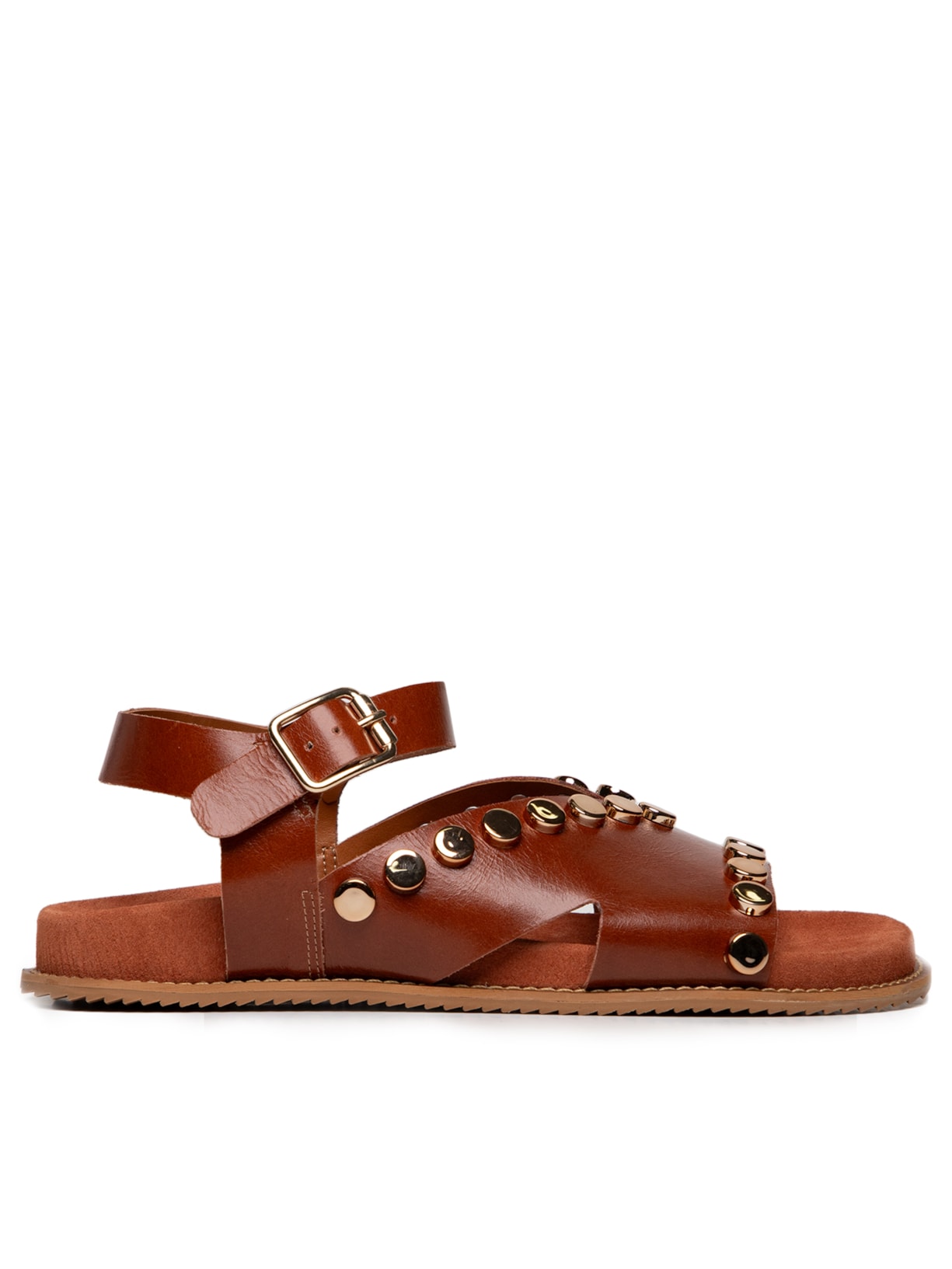 Sandália Feminina Rasteira Em Couro Com Tachas Metálicas - Marrom