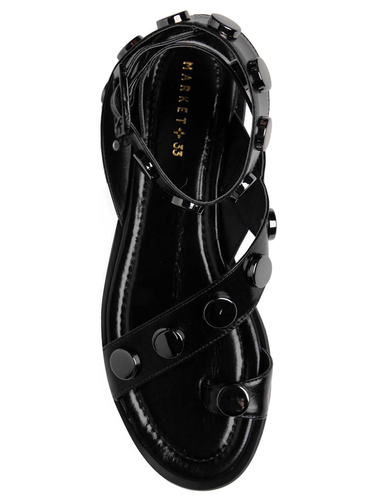 Sandália Feminina Rasteira Em Couro Com Tachas Metálicas Preto Market 33