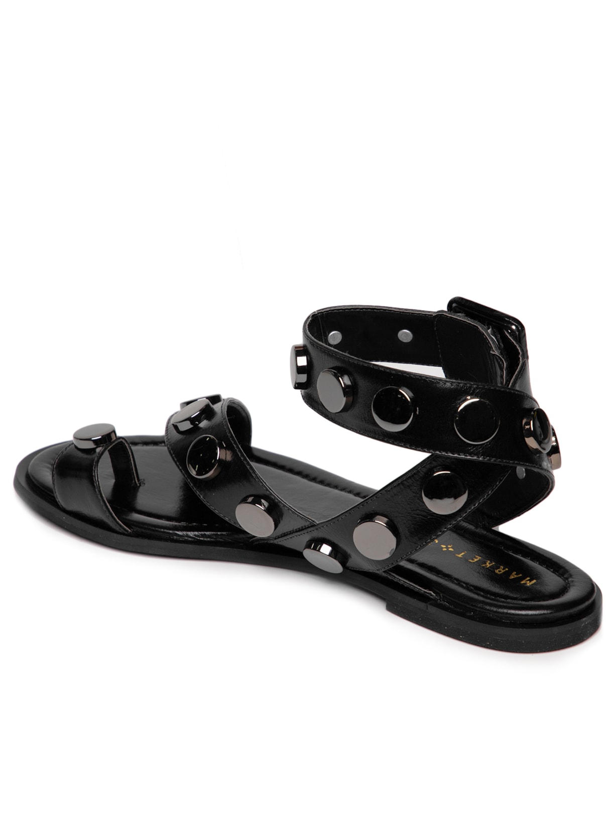 Sandália Feminina Rasteira Em Couro Com Tachas Metálicas Preto Market 33