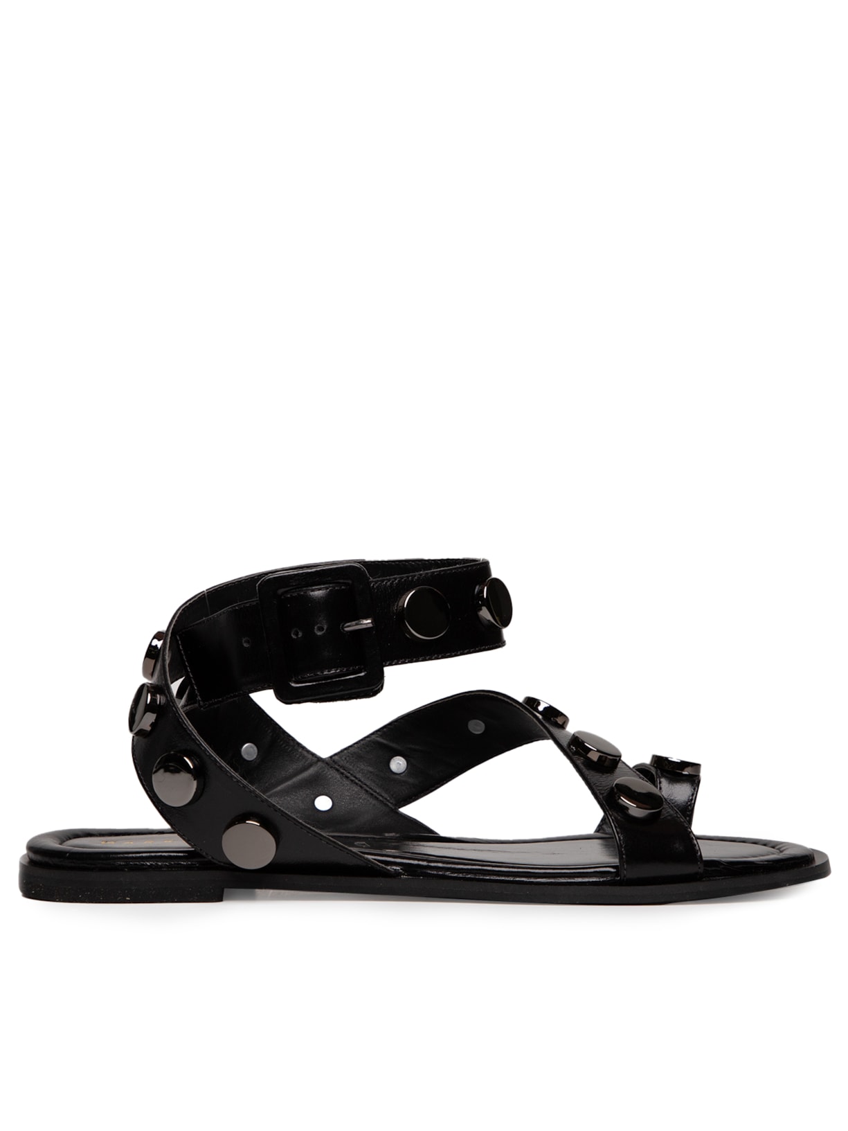 Sandália Feminina Rasteira Em Couro Com Tachas Metálicas Preto Market 33