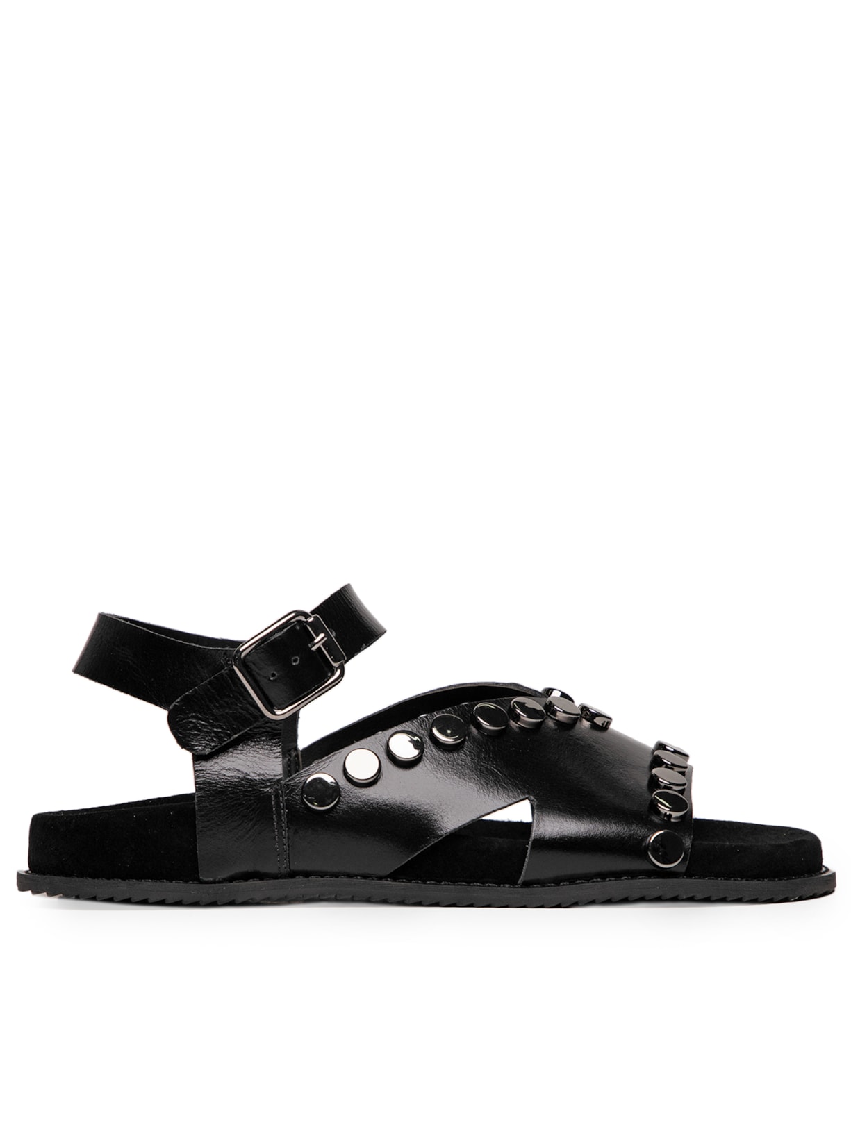 Sandália Feminina Rasteira Em Couro Com Tachas Metálicas - Preto