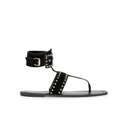 Sandália Feminina Rasteira Em Couro Com Tachas - Preto
