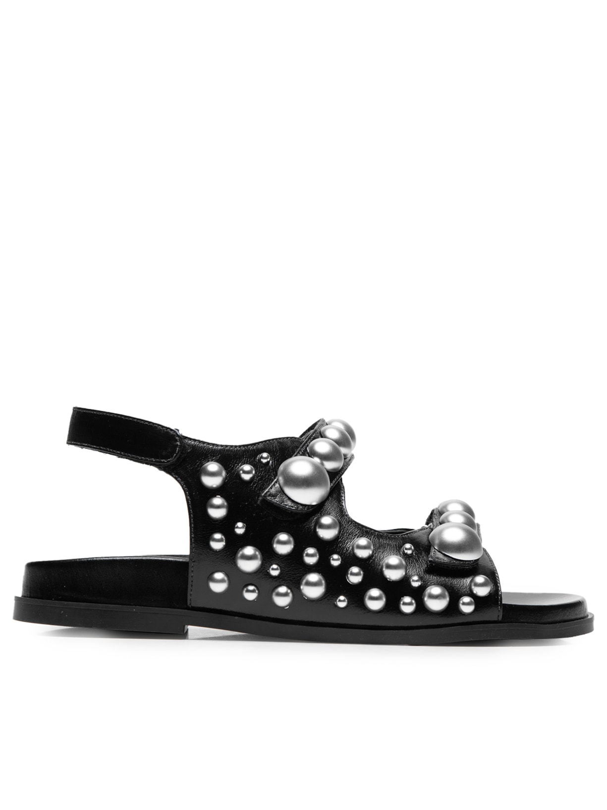 Sandália Feminina Rasteira Em Couro Com Tachas Redondas - Preto