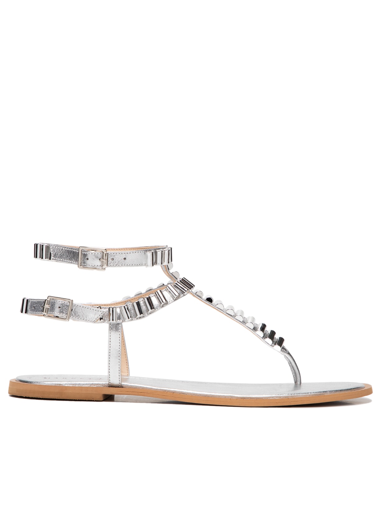 Sandália Feminina Rasteira Em Couro Com Tachas Retangulares - Prata