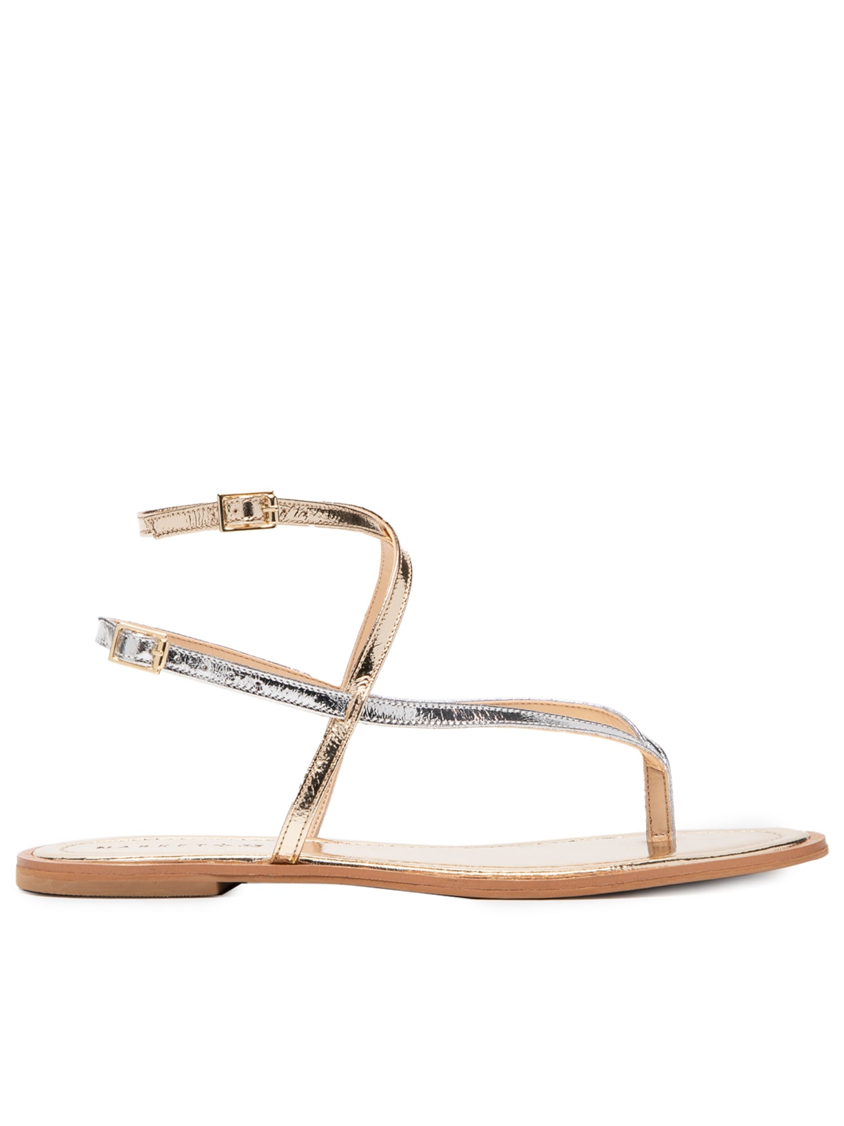 Sandália Feminina Rasteira Em Couro Metalizada Bicolor - Dourado