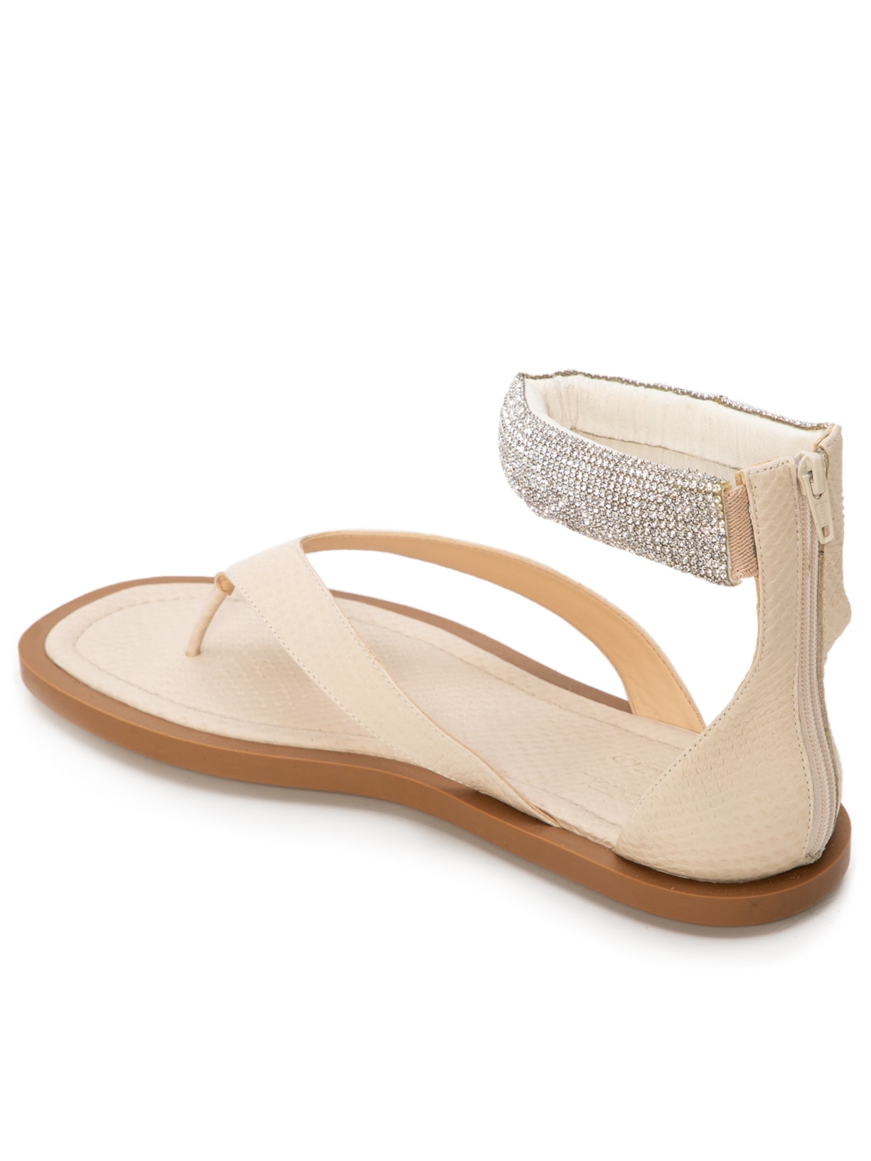 Sandália Feminina Rasteira Em Couro Strass Bege '2Essential + Simone Nunes