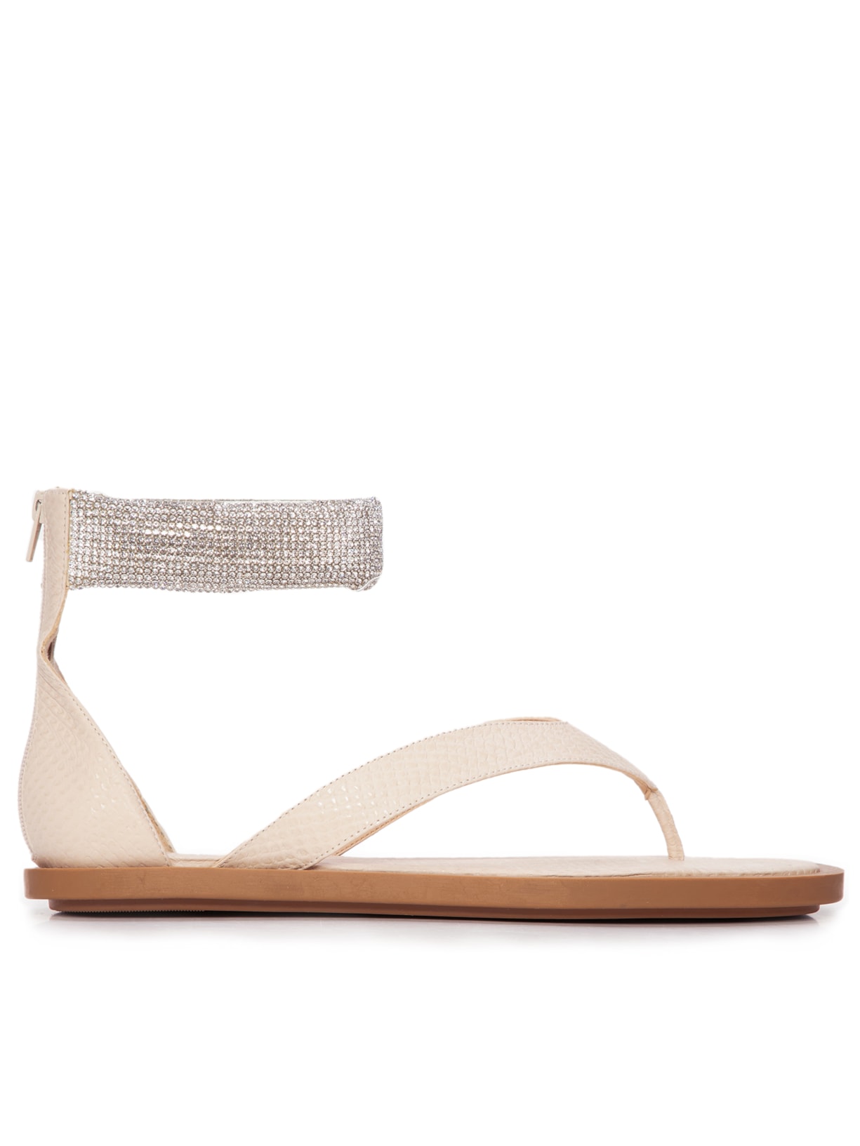 Sandália Feminina Rasteira Em Couro Strass Bege '2Essential + Simone Nunes