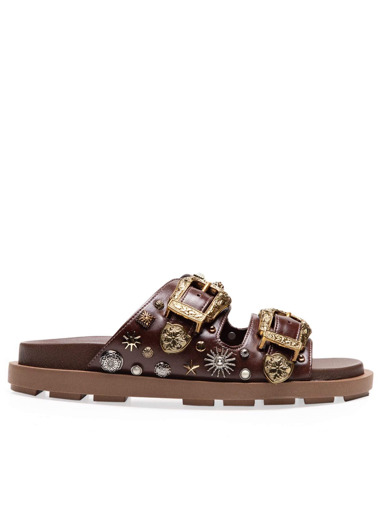 Sandália Feminina Rasteira Fivela Com Rebites - Marrom